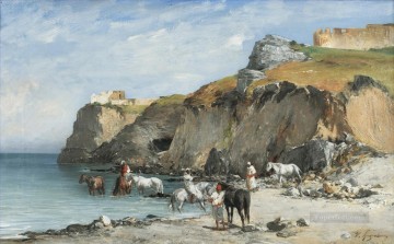 Victor Huguet Painting - THE HALT OF HORSEMEN ON THE BEACH Victor Huguet Orientalist